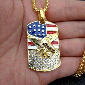 Gold American Flag Eagle Dog Tag Pendant Stainless Steel Patriotic Necklace